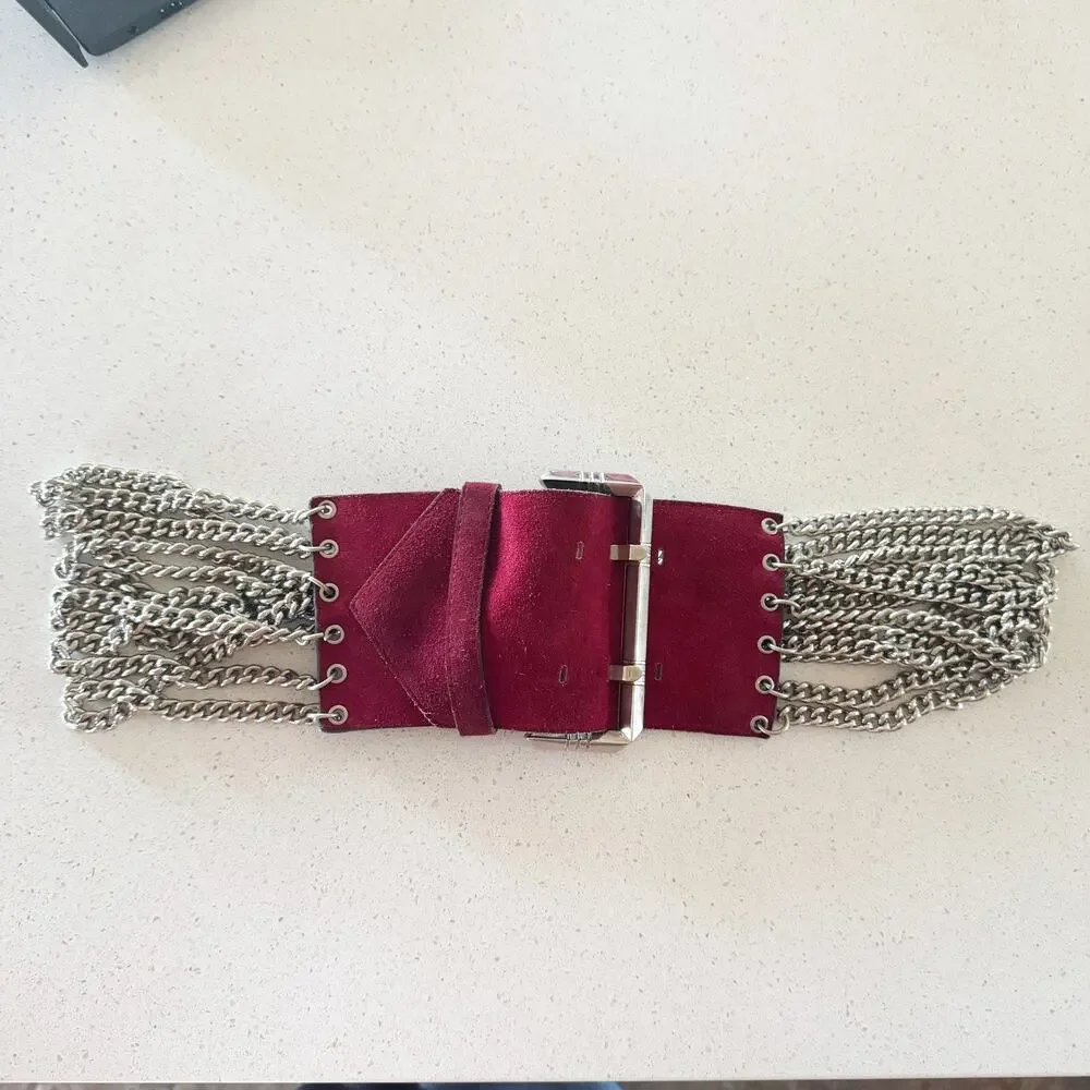 AR Paris‎ Mod Depos Vintage Chain Belt Red Leather Thick Chunky